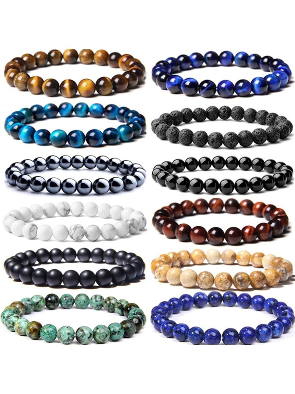 12PCS 8mm Semi-Precious Gemstone Beaded Bracelets for Men & Women - Stylish Set